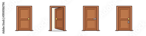Collection of four cartoon-style wooden doors with different states of opening and locking