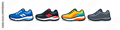 Collection of four diverse athletic running shoes in different colors and styles