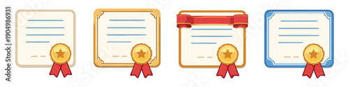Collection of four stylized certificates with gold medals and red ribbons