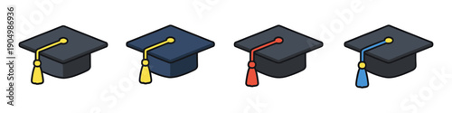 Set of four graduation caps with different colored tassels, symbolizing academic achievement