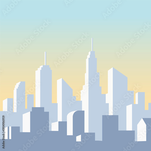 Minimalist cityscape silhouette with a soft gradient sky at dawn or dusk