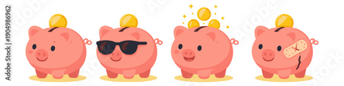 Cute piggy banks with coins, sunglasses, and bandages showing different financial states
