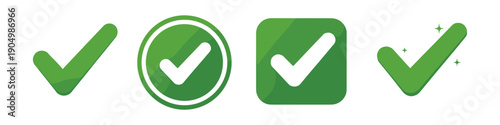 Collection of green checkmark icons in various shapes and styles for approval and confirmation