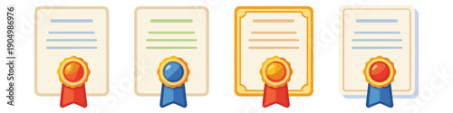Collection of stylized certificates with seals and ribbons, representing achievement and recognition