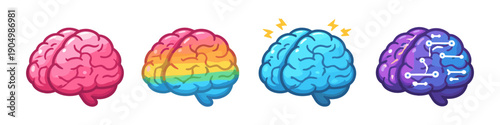Diverse cartoon brains representing different concepts like health, diversity, stress, and technology