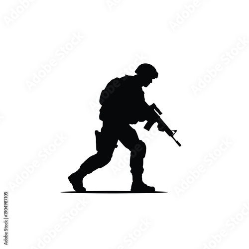 Silhouette of a soldier in tactical gear holding an assault rifle in a crouched position isolated on white background, Vector, illustration