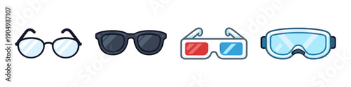 Collection of four different types of eyewear including glasses, sunglasses, 3D glasses, and goggles