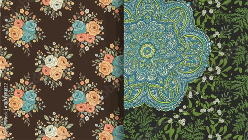 A collage of floral and foliage patterns displayed side by side with intricate designs