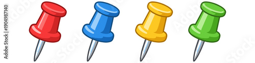 Four colorful push pins in red, blue, yellow, and green arranged in a row
