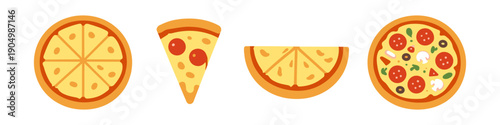Collection of stylized pizzas and slices in flat design style