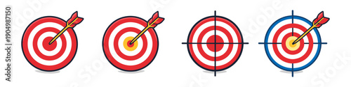 Collection of four cartoon-style archery targets with arrows hitting the bullseye