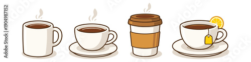 Collection of hot beverages in different cups and mugs, steaming gently