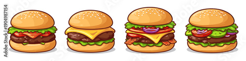 Collection of four delicious cartoon hamburgers with various toppings and ingredients