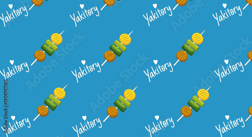 Food skewers with vegetables on a blue background pattern