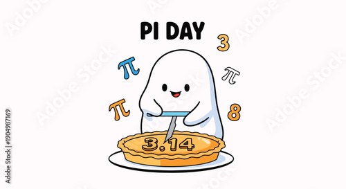 Cartoon Ghost Celebrating Pi Day with Pie.