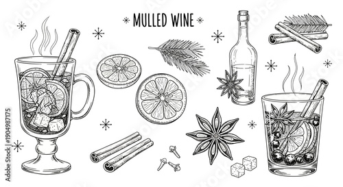 A collection of mulled wine ingredients and mugs, featuring wine, spices, and fruit, in a festive illustration.