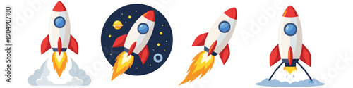 Collection of cartoon rockets launching into space and taking off from Earth