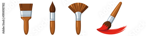 Collection of four different art paint brushes with wooden handles on a white background