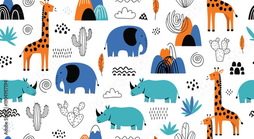 Wild animals and plants pattern featuring giraffes and rhinoceros in a vibrant savannah landscape illustration