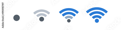 Progression of Wi-Fi signal strength from no connection to full bars