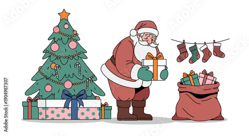 Santa Claus packing gifts beside a decorated Christmas tree with presents nearby