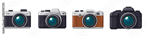 Collection of four vintage and modern cameras in different colors and styles