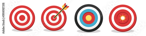 Collection of four different archery targets, some with arrows and bullseyes, on white background