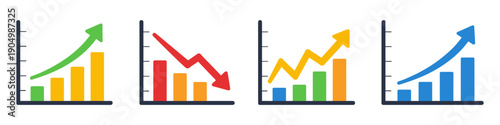 Collection of colorful bar charts illustrating financial growth and decline trends