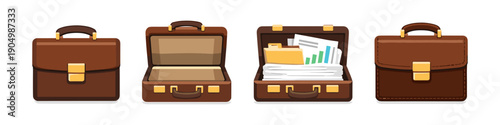 Set of brown leather briefcases, closed, open, and filled with documents