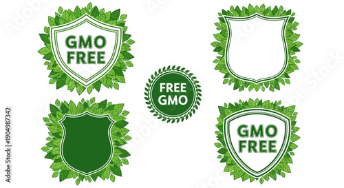 Collection of GMO-free labels and shields with green foliage illustration