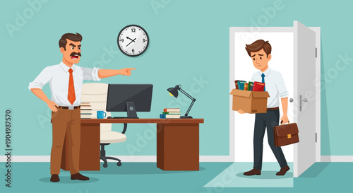 Man being fired from office job by boss standing near desk with computer and clock on wall