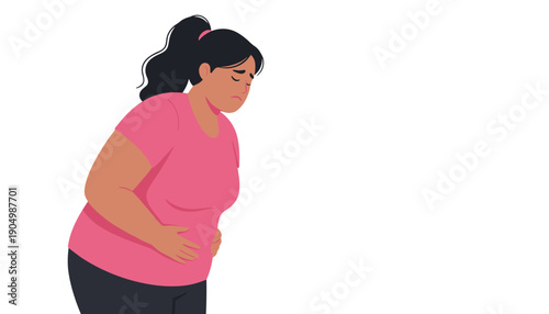 people of an overweight woman holding her stomach in pain or discomfort, depicting digestive or abdominal issues.