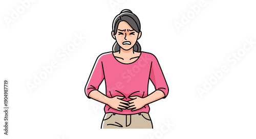 people of an older woman holding her stomach in pain or discomfort, indicating digestive or chronic abdominal issues.