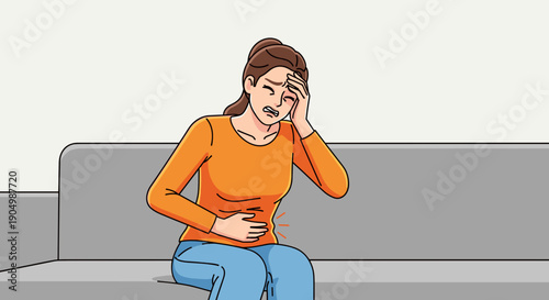 people of a young woman sitting on a couch, afflicted by headache and stomach pain, showcasing common health issues.