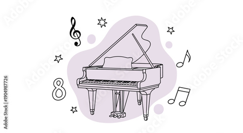 A grand piano surrounded by musical notes and stars in a whimsical illustration
