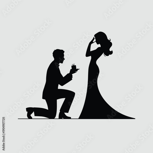 A man proposing marriage to a woman in an elegant wedding setting silhouette isolated on white background, Vector, illustration