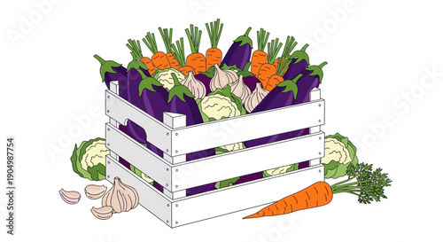 Assorted vegetables including carrots and cabbages in a wooden crate viewed from the front
