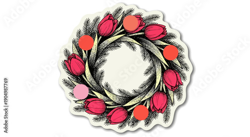 Floral wreath with tulips surrounding a circular frame viewed from directly above