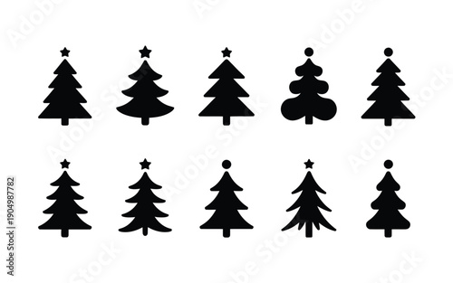 Collection of stylized black christmas trees in varying shapes and sizes isolated on white background, Vector, illustration