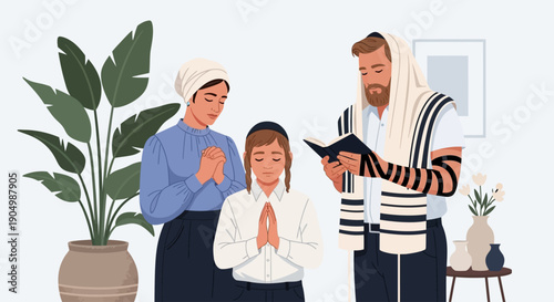 Family gathered together in prayer at home with religious leader reading from scripture