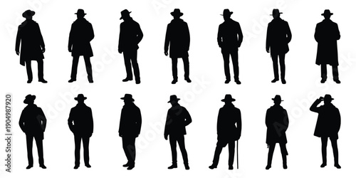Collection of stylized silhouettes of people in various poses and attire isolated on white background, Vector, illustration