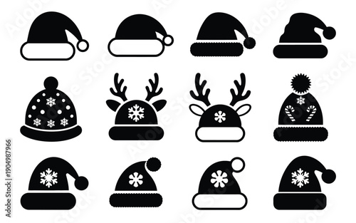 Collection of stylized winter hats and accessories in black and white design isolated on white background, Vector, illustration