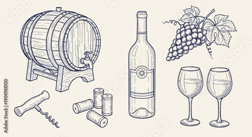 Wine and grapes illustration with barrel, corkscrew, and wine glasses in a classic setting viewed from the front.
