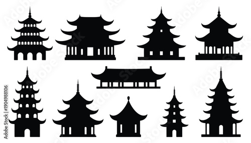 Traditional asian architectural styles depicted in minimalist black silhouettes isolated on white background, Vector, illustration