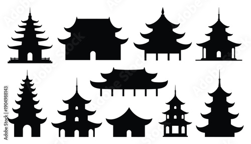 Traditional asian architectural styles depicted in silhouette form isolated on white background, Vector, illustration