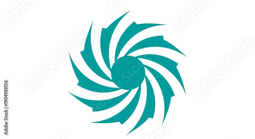 A teal abstract spiral shape rotating around a central point, viewed from directly above, creating a dynamic illustration