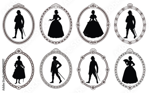 Elegant silhouettes of historical figures in decorative frames isolated on white background, Vector, illustration