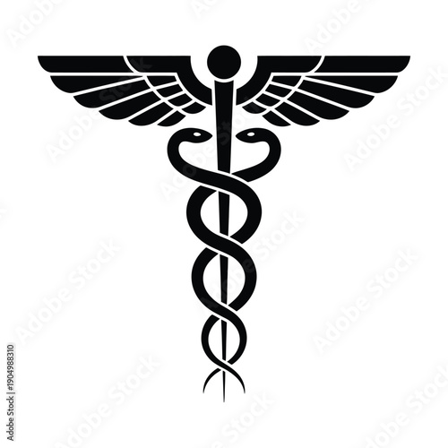 The caduceus symbol, featuring two snakes intertwined around a winged staff. isolated on white background
