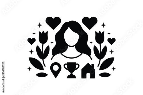 A graphic of a woman surrounded by hearts, flowers, and a trophy. isolated on white background
