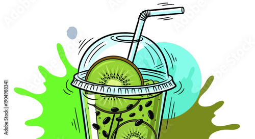 A refreshing green kiwi drink with a straw, splashes, and slices in a clear cup viewed from the side